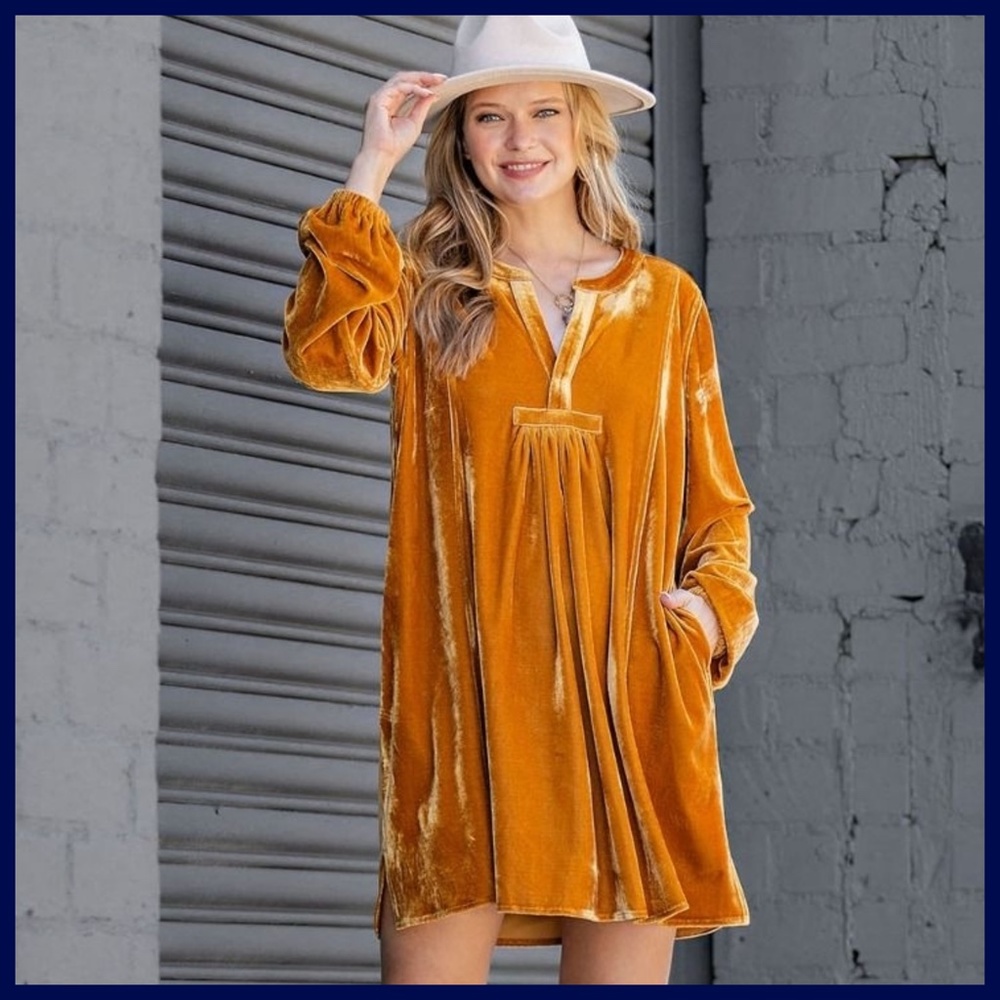EASEL Long Sleeve Luxury Soft Velvet V-Neck Dress With Balloon Sleeve & Pockets - Picture 15 of 16